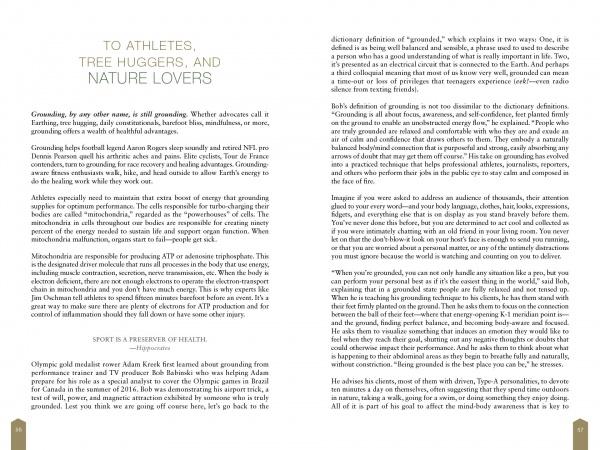 A two-page spread from Barefoot Wisdom by Schiffer Publishing, Ltd. explores grounding (earthing) and its benefits, featuring insights from athletes, nature lovers, and scientists with natural energy icons in the page corners.