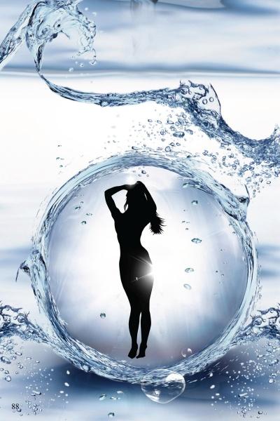 A woman’s silhouette poses within a swirling splash of water, droplets surrounding her as radiant light shines behind—evoking spiritual energy—illustrating the essence of Psychic Sex.
