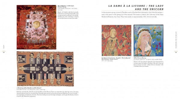 A two-page spread in "The Art Is the Cloth" by Schiffer Publishing, Ltd. features four medieval tapestries with intricate designs and figures, highlighting the weaving history of The Lady and the Unicorn collection, with descriptive text for each.