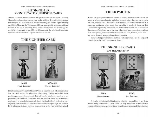 The Art of Lenormand Reading by Schiffer Publishing, Ltd. shows card meanings, illustrations, and examples for Man, Woman, and Dog cards—plus guidance on using them as signifiers and in Grand Tableau or third-party readings.