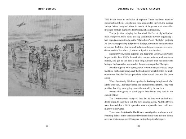 Two pages from *Hump Drivers* by Schiffer Publishing, Ltd. show a pencil drawing of soldiers outdoors and text about B-29 airmen, Air Transport Command, and Chengtu, capturing the Burma theater’s WWII atmosphere.