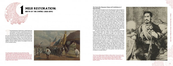 The exhibit panel, titled Japanese Military and Civilian Award Documents, 1868-1945 by Schiffer Publishing, Ltd., explores Imperial Japan’s history through era text, images of formal processions, and portraits of Japanese leaders in uniform.