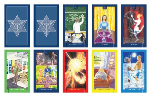 Ten cards from the Today's Journey Tarot by Schiffer Publishing, Ltd. are arranged in two rows, showing figures like a teacher, angel, and knight above, and below, images of art, teamwork, invention, reading, and friendship for spiritual insight.
