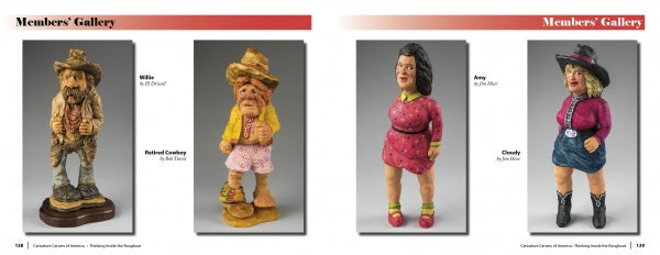 Four colorful clay caricature figurines—two cowboys and two women—are featured against a white backdrop with a red Members’ Gallery header, promoting "Thinking Inside the Roughout" by Schiffer Publishing, Ltd.
