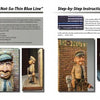 A magazine spread for "Thinking Inside the Roughout" by Schiffer Publishing, Ltd. showcases a man, police officer woodcarvings in progress and finished, step-by-step carving instructions, sketches, tools, and materials.