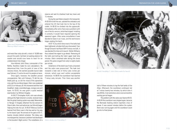 Two pages from "Project Mercury" by Schiffer Publishing, Ltd. display black-and-white photos of astronauts in spacesuits, a space capsule, and a U.S. sign, alongside text about NASA’s Mercury program and John Glenn’s flight preparations.