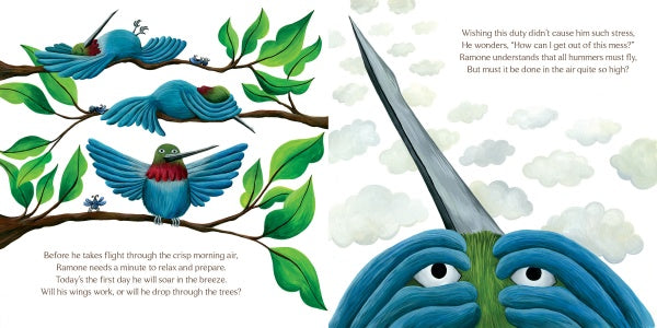 A blue and green bird with a red chest practices flying on tree branches in SOAR by Schiffer Publishing, Ltd. On the right, a close-up shows the worried bird peeking over its wings against clouds, depicting a children’s tale of overcoming fear.