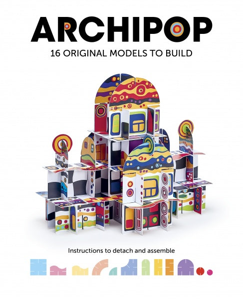 Cover of "ArchiPop" by Schiffer Publishing, Ltd., featuring a colorful geometric paper structure made from interlocking pieces with abstract patterns. Creative architecture model kit details and icons appear below the artwork.