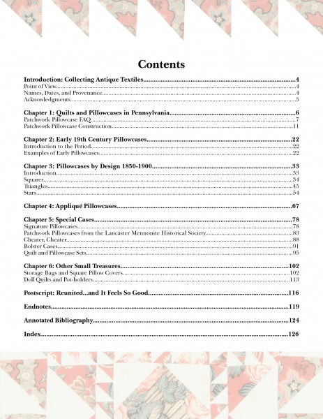 A table of contents page from "Pennsylvania Patchwork Pillowcases & Other Small Treasures" by Schiffer Publishing, Ltd., listing chapters on antique textiles, quilts, 19th-century fabrics, and more, with page numbers and a patchwork border.