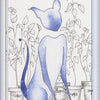 A stylized Siamese cat sits among potted plants as a dragonfly hovers above in this delicate, whimsical “6 PLANTS” card illustration from the Bleu Cat Tarot by Schiffer Publishing, Ltd.