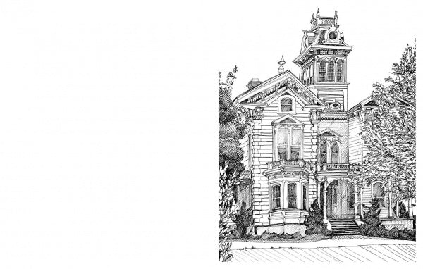 Intricate black and white sketch of a large Victorian-style house with ornate windows, porch, and tower surrounded by trees, inspired by "Victorian Buildings of the American West" from Schiffer Publishing, Ltd., on a blank white background.