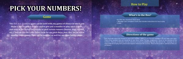 A Pick Your Numbers! game instruction sheet by Schiffer Publishing, Ltd., featuring a purple starry background, blue banners with white/yellow text for the overview and how-to-play—great for lottery game fans.