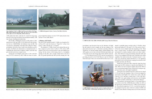 Two pages from "Lockheed C-130 and Its Variants" by Schiffer Publishing, Ltd. display detailed photos and captions about C-130 aircraft, covering different models, their history, and Cold War service on runways and in flight.
