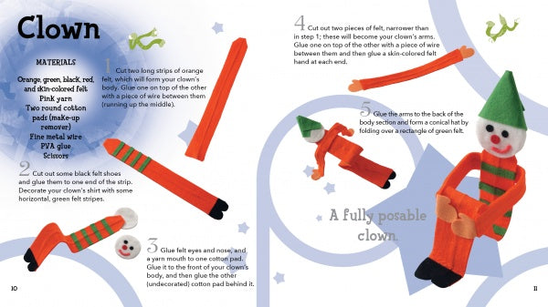Two pages from "Cloth" by Schiffer Publishing, Ltd. provide step-by-step instructions and materials to make a clown figure with felt, pipe cleaners, a pompom, and fabric supplies. A finished clown example appears on the right.