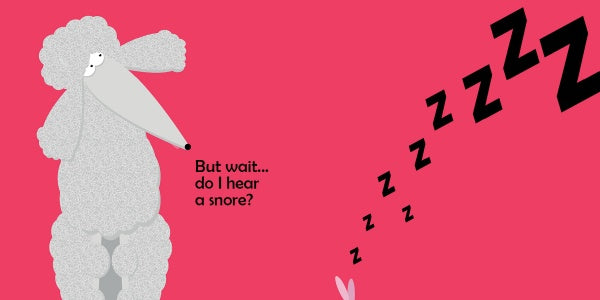 A gray poodle watches a trail of black Zs, symbolizing snoring, on a pink background. Text reads, "But wait... do I hear a snore?" from My Big Family by Schiffer Publishing, Ltd.—a playful introduction to diversity for preschoolers.
