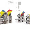 Two abstract models made with the ArchiTek cardboard building kit by Schiffer Publishing, Ltd. feature interlocking black and white pieces with zigzag yellow, blue, and red roofs. Labels PEYSSAK and UH3 are above each 3D structure. Pages 6 and 7 shown.