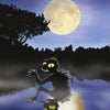 A shadowy monster with glowing eyes and sharp teeth emerges from a misty lake under the full moon—perfect for spooky tales. Featured on the cover of "They're Coming!" by Schiffer Publishing, Ltd., this scene oozes eerie atmosphere.