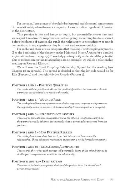 Tarot Coupling by Schiffer Publishing, Ltd. guides readers through Tarot relationship readings, detailing card positions and meanings—like positive traits, wounds, partner dynamics, challenges, and expectations for each person.