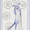 A stylized blue cat stands on one leg with a crutch, surrounded by five spirals. The number 5 is at the top and "BALLS" at the bottom, in the Bleu Cat Tarot by Schiffer Publishing, Ltd., evoking classic cat tarot cards.