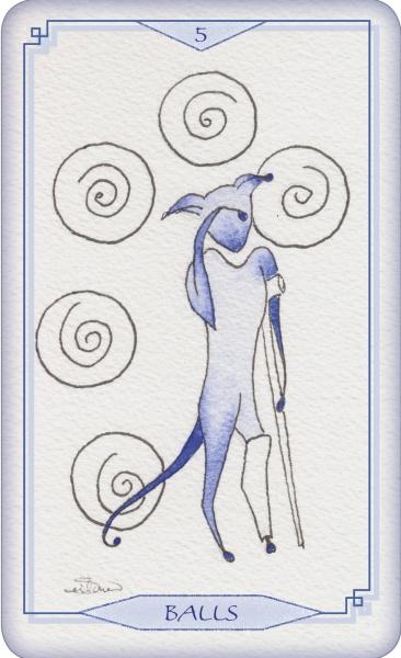 A stylized blue cat stands on one leg with a crutch, surrounded by five spirals. The number 5 is at the top and "BALLS" at the bottom, in the Bleu Cat Tarot by Schiffer Publishing, Ltd., evoking classic cat tarot cards.