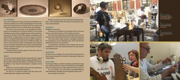 A collage from Schiffer Publishing, Ltd.’s "When Makers Meet" showcases artisans crafting with metal, wood, and more at the Aiguines art event, featuring close-ups of handmade objects and collaborative artistry.