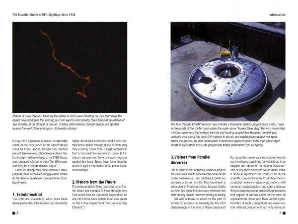 A page from "The Essential Guide to UFO Sightings Since 1945" by Schiffer Publishing, Ltd., featuring accounts of UFO sightings and mysterious events such as the Roswell Incident.