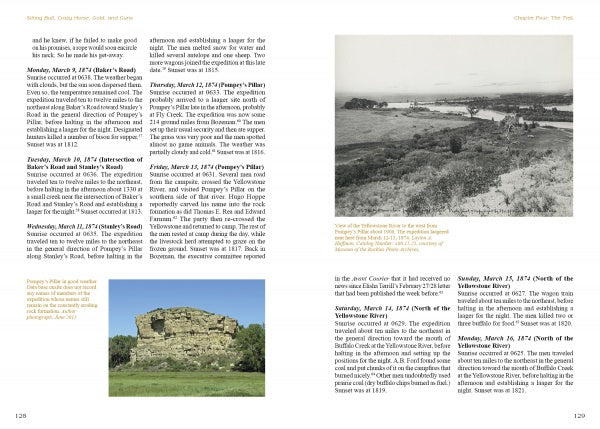 Two pages from "Sitting Bull, Crazy Horse, Gold and Guns" by Schiffer Publishing, Ltd. show text and two black-and-white photos: one of a rocky bluff with open land, and one of a large rock formation in Montana during the Yellowstone Wagon Road Prospecting Expedition.