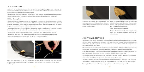 The Art of Kintsugi by Schiffer Publishing, Ltd. features step-by-step text and close-up photos illustrating the Piece Method and Joint Call Method to mend pottery, inspired by kintsugi, including hands applying adhesive to shards.
