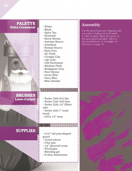 A page from "Painting Gourds with the Fairy Gourdmother®" by Schiffer Publishing, Ltd. displays paint colors, brushes, and supplies for gourd art, plus a photo of a gourd Santa and assembly instructions on a pink background.
