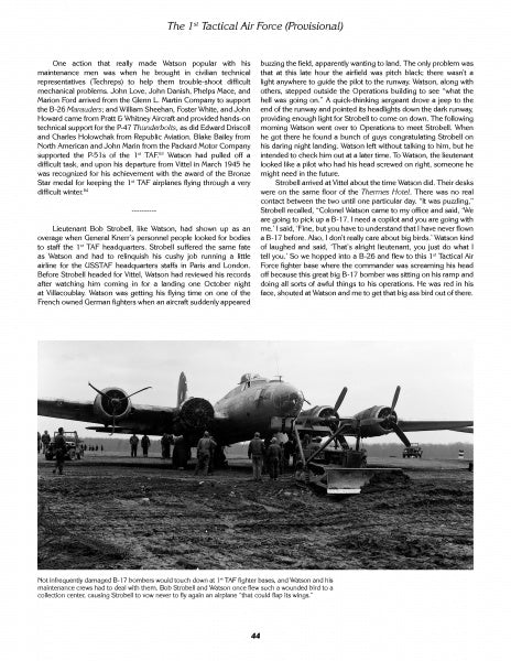 A black and white photo from Watson's Whizzers by Schiffer Publishing, Ltd. shows a damaged B-17 bomber with a crumpled nose and crew nearby; Luftwaffe disarmament in the background marks the changing aviation era.