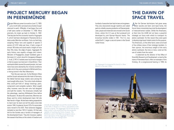 A diagram of a V-2 rocket and a black-and-white photo of engineers preparing a rocket for launch in the desert, accompanied by text about Project Mercury—featured in Project Mercury by Schiffer Publishing, Ltd.—and early manned spaceflight.