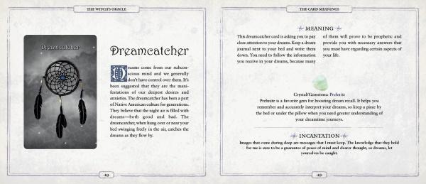 The Witch’s Oracle, 2nd Edition by Schiffer Publishing, Ltd. features an open book with the Dreamcatcher card—illustrated on the left page and detailed with meaning, guidance, and an incantation on the right—ideal for oracle card fans.