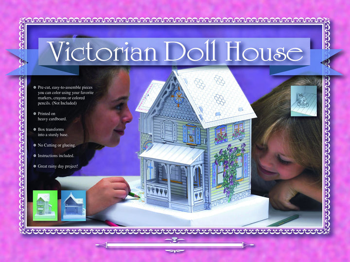 Two smiling children admire a 3D Victorian Doll House by Schiffer Publishing. The text highlights easy assembly, printed cardboard pieces, and a box that doubles as a play mat.