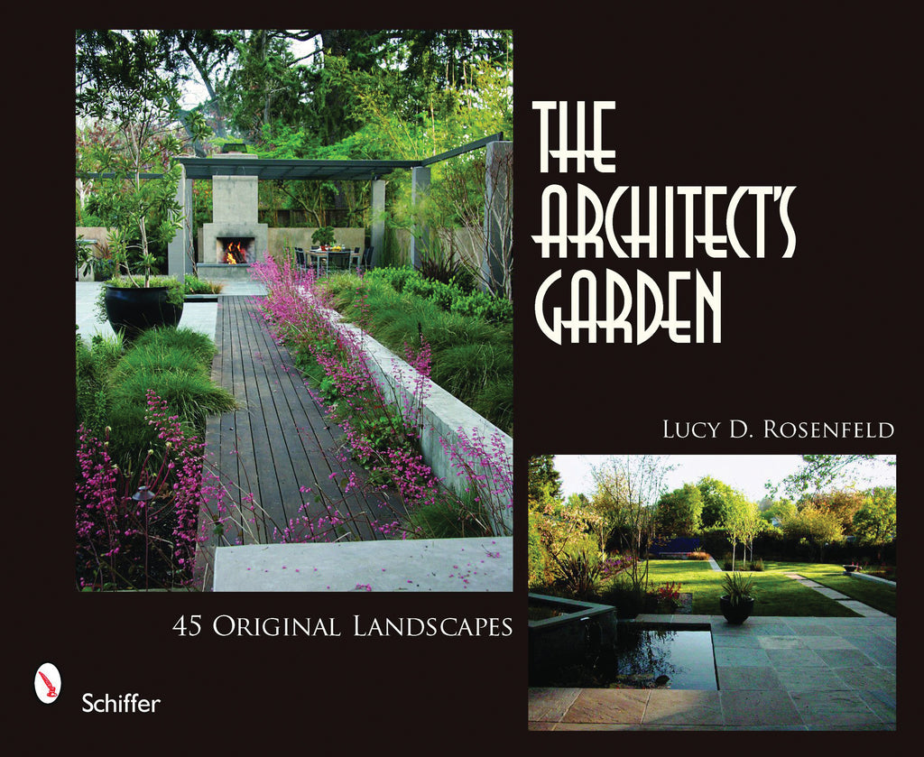 Book cover for The Architect’s Garden by Schiffer Publishing showcases a modern garden with fireplace, wooden path, lush greenery, and purple flowers, plus an inset of a landscaped yard with trees and a patio—highlighting innovative garden design.