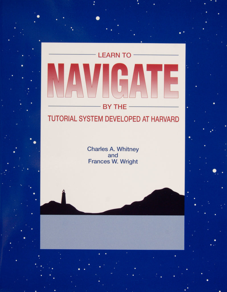 The image shows the cover of "Learn to Navigate by the Tutorial System Developed at Harvard" from Schiffer Publishing, Ltd., featuring a starry night sky and lighthouse—perfect for sailor training.