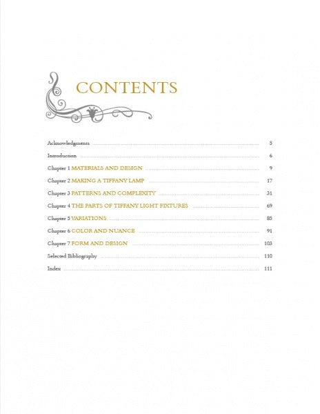 The table of contents in Tiffany By Design by Schiffer Publishing, Ltd. features decorative flourishes and lists chapters such as Materials and Design, Making a Tiffany Lamp, Patterns and Complexity, each with page numbers.
