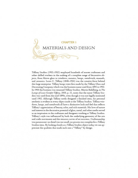 A page from "Tiffany By Design" by Schiffer Publishing, Ltd. titled Chapter 1 Materials and Design features gold scrollwork and discusses Tiffany Studios' craftsmanship, materials, and lamp-making techniques. Page number 9 is at the bottom.