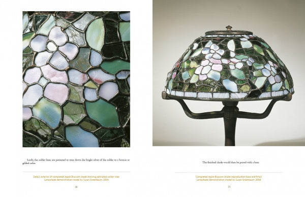 Close-up of the Tiffany By Design stained glass floral lampshade in pastels on the left; on the right, the full Schiffer Publishing, Ltd. lamp with a curved metal stand and the same classic Tiffany-inspired shade is displayed.