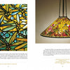 Left: Detailed view of Tiffany By Design’s blue dragonfly stained glass, inspired by classic lamp designs. Right: Hanging lamp with yellow and red floral motifs from Tiffany By Design by Schiffer Publishing, Ltd.