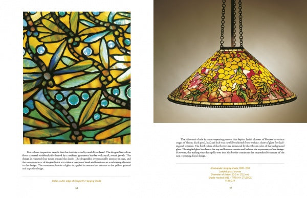 Left: Detailed view of Tiffany By Design’s blue dragonfly stained glass, inspired by classic lamp designs. Right: Hanging lamp with yellow and red floral motifs from Tiffany By Design by Schiffer Publishing, Ltd.