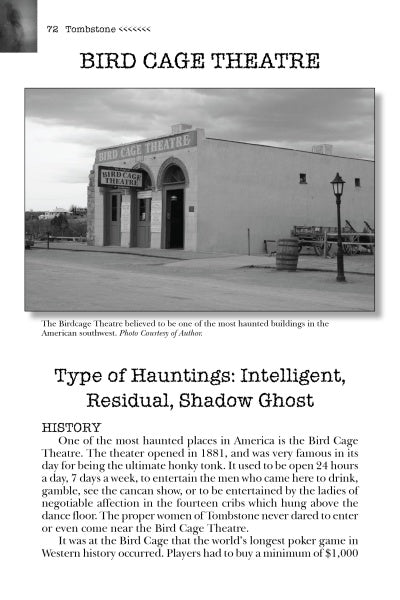 A black-and-white photo shows the Bird Cage Theatre with arched doorways and a sign. Text below, from Schiffer Publishing’s "Southern Arizona's Most Haunted," details its haunted history: Intelligent, Residual, and Shadow Ghost hauntings.