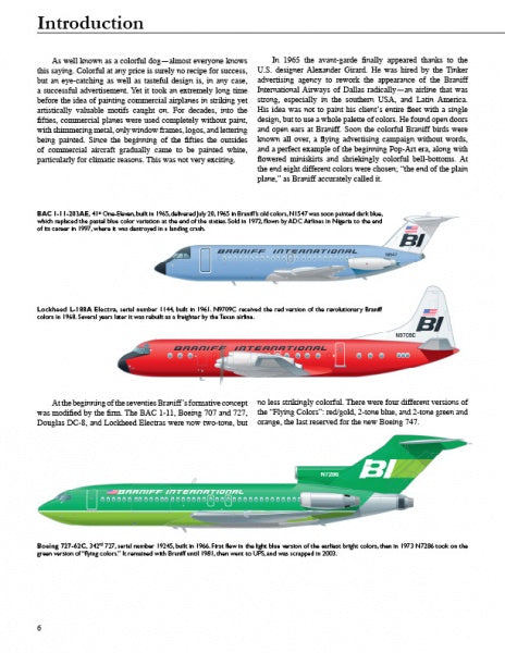 A page from "Colorful Aircraft" by Schiffer Publishing, Ltd. features an “Introduction” heading, descriptive text, and three color illustrations of Braniff International planes, each labeled with their model and livery details.