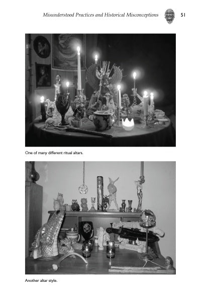 Two black-and-white photos from "Wicca: What's the Real Deal?" by Schiffer Publishing, Ltd. show ritual altars—one ornate and candle-lit, the other simpler with figurines and vessels—depicting Witchcraft-inspired arrangements.