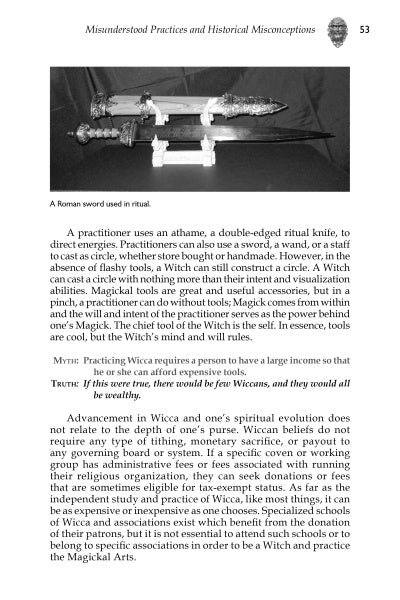 A page from "Wicca: What's the Real Deal?" (Schiffer Publishing, Ltd.) shows a Roman sword and explores myths and facts about ritual tools like athames and swords in Witchcraft, Wicca, and pagan spiritual practices.