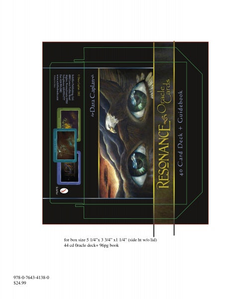 Box packaging design for Resonance Oracle by Schiffer Publishing, Ltd., featuring mystical owl eyes artwork, card and guidebook images, and product details. A magical oracle for spiritual guidance is displayed on a clean white background.
