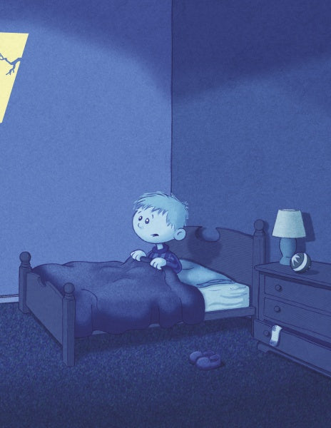 In "Shadows on My Wall" by Schiffer Publishing, Ltd., a young boy sits up in bed, scared as lightning flashes at night, with a dimly lit room featuring a bedside table, lamp, toy football, and slippers—ideal for stories about facing fears.