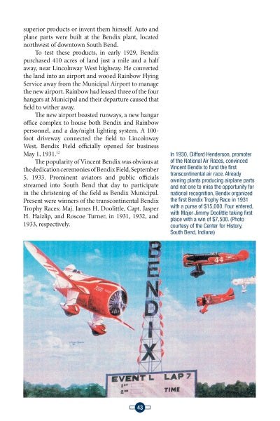 A page from "Bendix Field" by Schiffer Publishing, Ltd. features historic color photos of red airplanes racing above an Event Lap 7 sign and crowd, with some planes tied to Stockert Flying Service and the National Air Races.