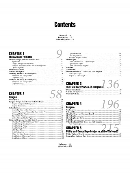 Table of contents lists six chapters with topics and page numbers, covering Panzer Feldjacke, Wehrmacht and Waffen-SS insignia, German armored forces uniforms, collections, field grey uniforms, utility and camouflage uniforms. Published by Schiffer Publishing, Ltd.