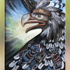 A stylized illustration of an eagle with bold, expressive lines and Indigenous-inspired patterns graces The Stone Circle Oracle by Schiffer Publishing, Ltd., its beak open against a softly blurred background. Text below reads “Eagle.”.