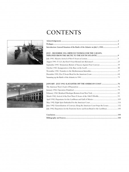 A table of contents from "The German U-Boat Base at Lorient, France, Vol. 2" by Schiffer Publishing, Ltd., lists sections like acknowledgments and chapters on the Battle of the Atlantic, plus two B&W ship photos with page numbers shown.